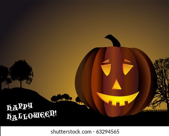 Halloween background with pumpkin and spooky trees in silhouette