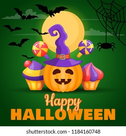 Halloween background with pumpkin and sweets. Vector illustration
