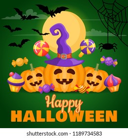 Halloween background with pumpkin and sweets. Vector illustration