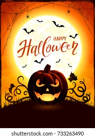 Halloween background with pumpkin. Text Happy Halloween on orange night sky with full Moon and Jack O Lantern, illustration.