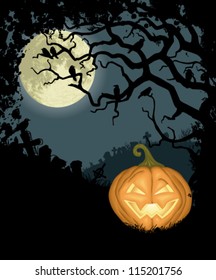 Halloween background with pumpkin, tree, crows and cemetery