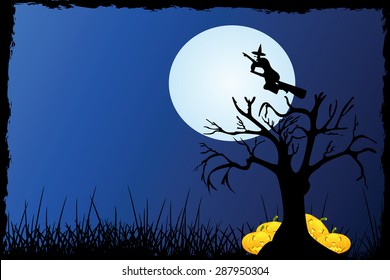 Halloween background with pumpkin tree moon and witch