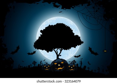 Halloween Background with Pumpkin and Tree. Tree silhouette.