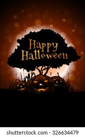 Halloween Background with Pumpkin and Tree. Tree silhouette.