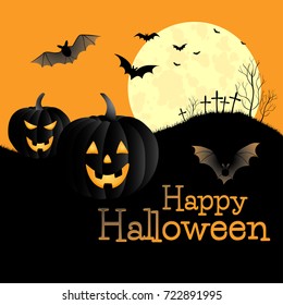 Halloween background. Pumpkin. Vector festive illustration. Full moon. The bats. Hill. Cemetery. Fear.
