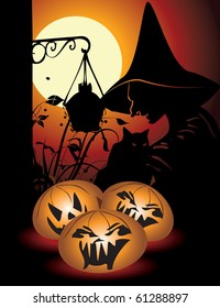 Fondo de Halloween con calabaza y bruja