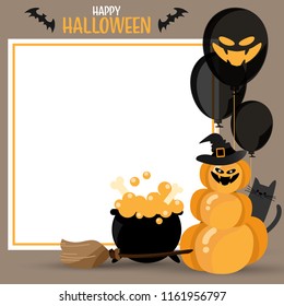 Halloween background of Halloween pumpkin with witch's hat, black cat, balloons, broomstick , witch's cauldron and Happy Halloween text with white frame and your copy space. Vector illustration. 