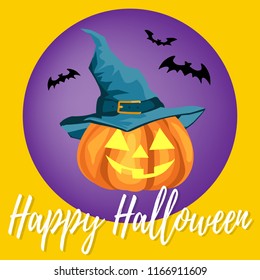 Halloween background with pumpkin with witch's hat and Happy Halloween text.