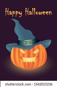 Halloween background With a pumpkin in a witch's hat Isolated purple background vector illustration