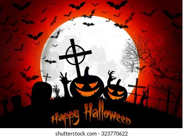 Halloween background with pumpkin zombies hand on full moon
