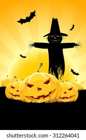 Halloween Background with Pumpking and Scarecrow. Flying Bats.