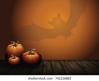 Halloween background with pumpkins and bat shadow. EPS 10 vector illustration.
