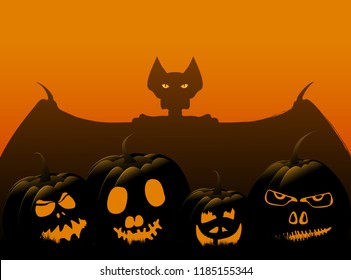 Halloween background with pumpkins and bat, vector illustration