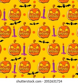 Halloween for background. Pumpkins, bats and candles cartoon style seamless pattern background. hand drawn. Vector illustration.