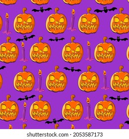 Halloween for background. Pumpkins, bats and candles cartoon style seamless pattern background. Vector illustration.