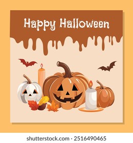Halloween background with pumpkins, bats and candles.

