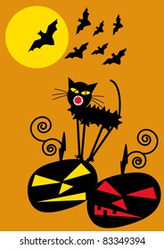 Halloween background with pumpkins bats, cat and full moon in silhouette,creative computer graphic design, vector, holidays