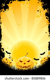 Halloween background with pumpkins bats and full moon