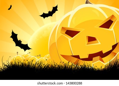 Halloween Background with Pumpkins, Bats, Grass and Full Moon