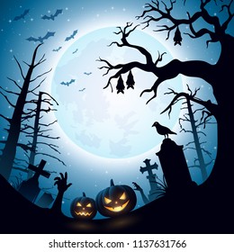 Halloween background with pumpkins and bats hanging on tree