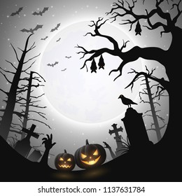 Halloween background with pumpkins and bats hanging on tree