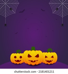 Halloween background with pumpkins and bats Happy Halloween banner design template with pumpkins, and emojis. Abstract purple background with black spiders on cobwebs and flying bats.
