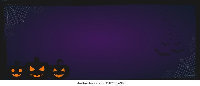 Halloween background with pumpkins and bats Happy Halloween banner design template with pumpkins, and emojis. Abstract purple background and flying bats.