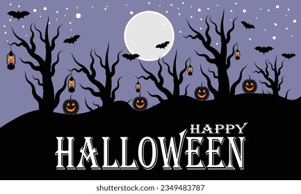 Halloween background with pumpkins, bats and moon. Scary creepy forest in october dark night autumn gloomy creepy black trees with pumpkin. Happy Halloween outdoor backdrop concept. Vector