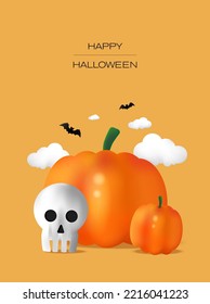 Halloween background with pumpkins, bats and skull. Happy halloween text on a orange background.
