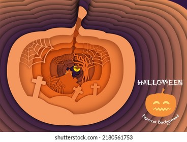 Halloween background with pumpkins, bats, and spider webs at night. Digital craft style paper, posters, Artwork design for your design project. EPS10 vector illustration