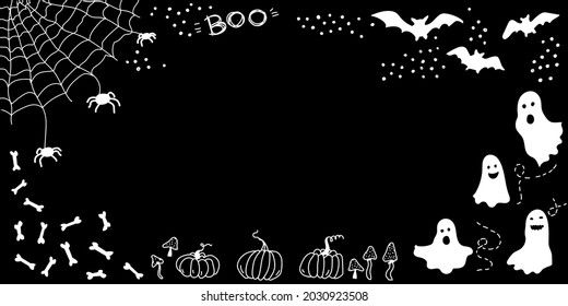 Halloween background. Pumpkins, bats, spiders, ghosts, mushrooms  and bones. Doodle border. Vector frame