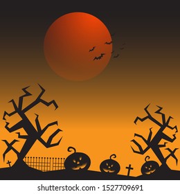 Halloween background, Pumpkins and bats under the red moon, Halloween banner, Wallpaper darkness, Scary, Ghost