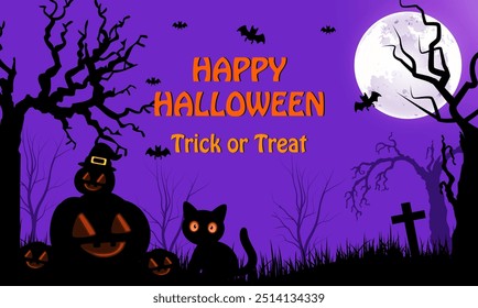 Halloween background with pumpkins and black cat on the full moon