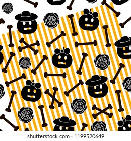 Halloween background with pumpkins, bones, flowers and orange lines.  Vector illustration