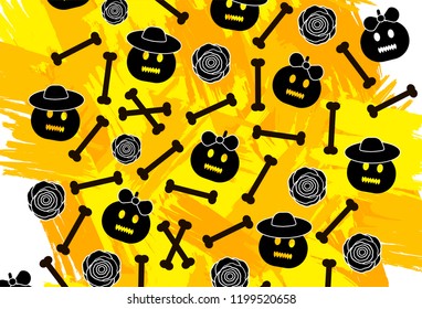 Halloween background with pumpkins, bones, flowers and colorful brush strokes.  Vector illustration