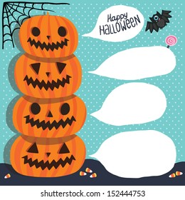 Halloween background. Pumpkins with bubble speech, bat, corn, lollipop, web