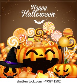 Halloween background with pumpkins and candies .Vector illustration