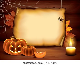 Halloween background, pumpkins and candle on paper