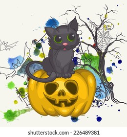 Halloween Background With Pumpkins Cat, Eps 10 Vector Illustration