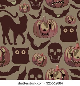 Halloween background  with pumpkins, cats, bats and skulls