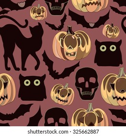 Halloween background  with pumpkins, cats, bats and skulls