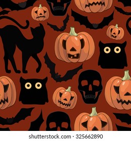 Halloween background  with pumpkins, cats, bats and skulls