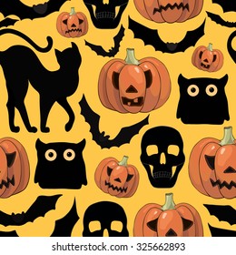 Halloween background  with pumpkins, cats, bats and skulls