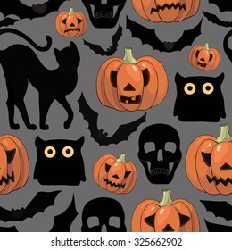 Halloween background  with pumpkins, cats, bats and skulls