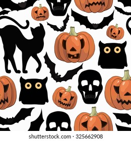 Halloween background  with pumpkins, cats, bats and skulls