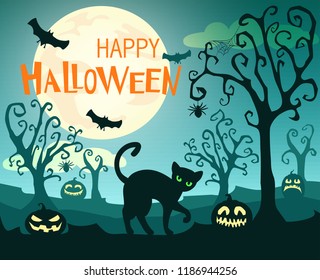 Halloween background with pumpkins, cats, spiders, bats and text Happy Halloween against the full moon. Vector Illustration. 