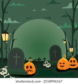 Fundo de Halloween com abóboras no cemitério.