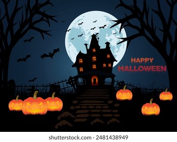 Halloween background with pumpkins in a cemetery illustration design elements