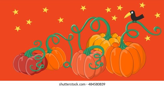 Halloween background with pumpkins of different colors and crows
