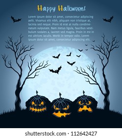 Halloween background with pumpkins, full moon, trees, and bats. Vector Illustration.